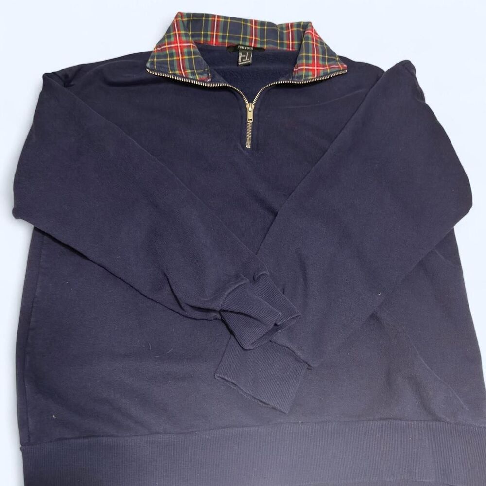 Forever 21 Navy blue quarter zip sweatshirt with plaid collar #preppy